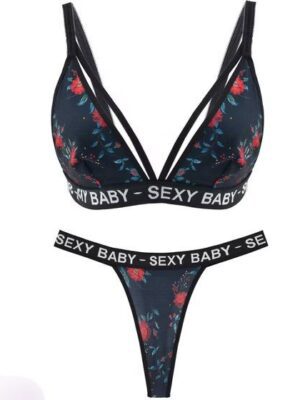 ست شورت و سوتین مشکی گل قرمز کد 5507