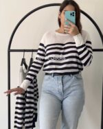 بلوز بافت زمینه سورمه ای با راه راه سفید - تصویر 6