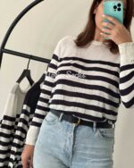 بلوز بافت زمینه سورمه ای با راه راه سفید - تصویر 8