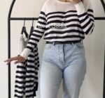 بلوز بافت زمینه سفید با راه راه سورمه ای - تصویر 5