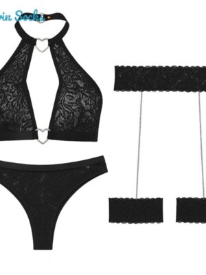 ست شورت و سوتین زنانه مدل گیپوری قلبی کد 5499-2028 به همراه نگهدارنده جوراب